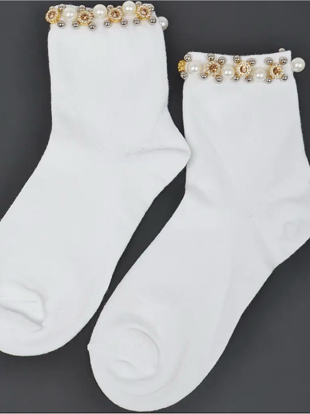 Pearl-Trim White Ankle Socks with Gold Accents